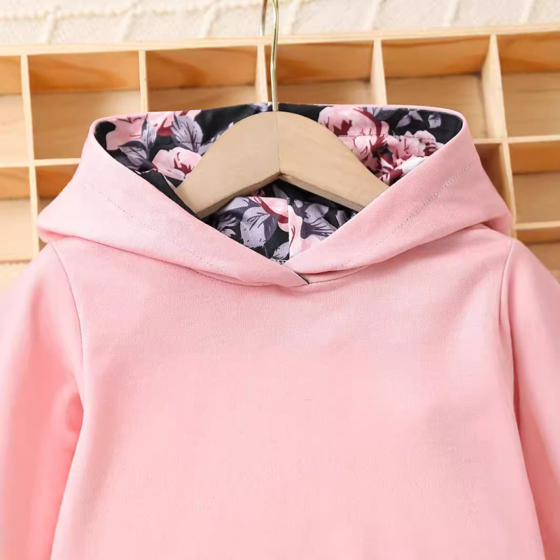 Vanjskotrgovinska veleprodaja djevojačkih modnih pulovera s dugim rukavima, dvodijelni proljetni i jesenski ružičasti set hlača s cvjetnim uzorkom, nepravilnog oblika