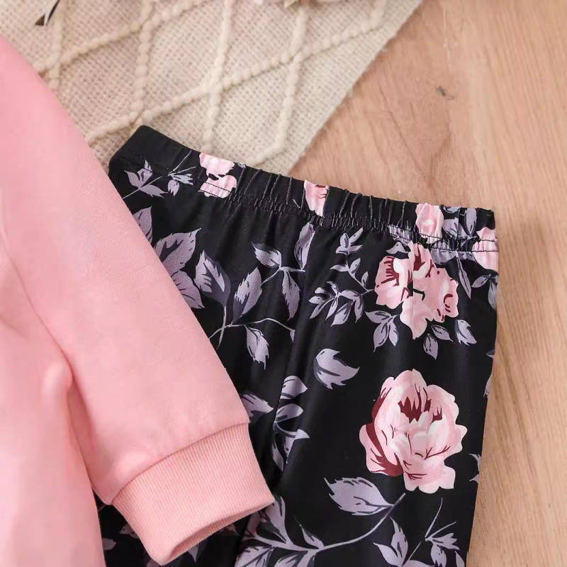 Vanjskotrgovinska veleprodaja djevojačkih modnih pulovera s dugim rukavima, dvodijelni proljetni i jesenski ružičasti set hlača s cvjetnim uzorkom, nepravilnog oblika