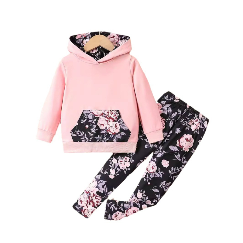 Vanjskotrgovinska veleprodaja djevojačkih modnih pulovera s dugim rukavima, dvodijelni proljetni i jesenski ružičasti set hlača s cvjetnim uzorkom, nepravilnog oblika