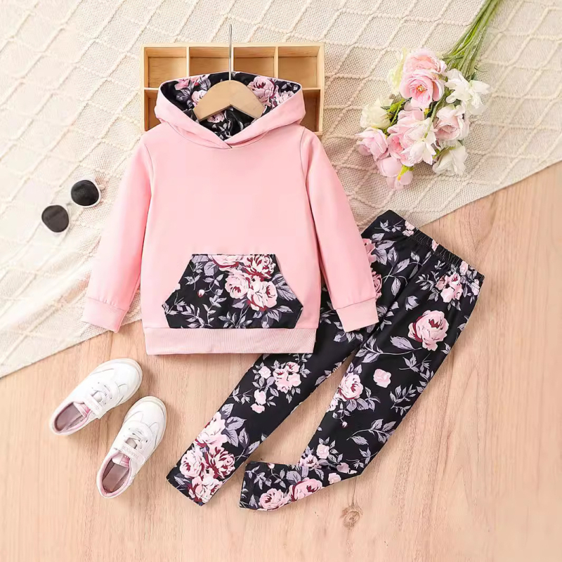 Vanjskotrgovinska veleprodaja djevojačkih modnih pulovera s dugim rukavima, dvodijelni proljetni i jesenski ružičasti set hlača s cvjetnim uzorkom, nepravilnog oblika