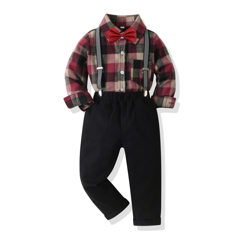 Dječja odjeća za proljeće i jesen 2024., nova dječja karirana košulja s reverom i tregerima, dvodijelna dječja muška odjeća za nastupe