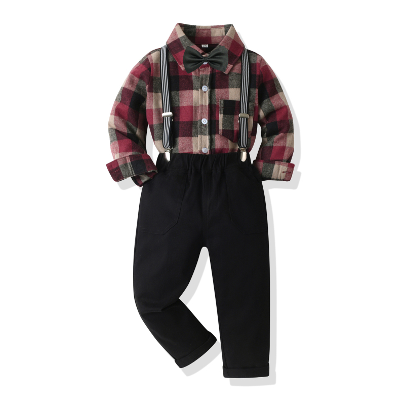 Dječja odjeća za proljeće i jesen 2024., nova dječja karirana košulja s reverom i tregerima, dvodijelna dječja muška odjeća za nastupe
