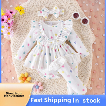 Amazon Jesenska i zimska suknja dugih rukava s printom cvijeća iz koštice za novorođenče s trakom za kosu, čipkaste čarape za djecu, hagown