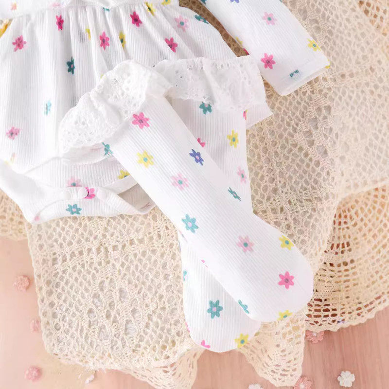 Amazon Jesenska i zimska suknja dugih rukava s printom cvijeća iz koštice za novorođenče s trakom za kosu, čipkaste čarape za djecu, hagown