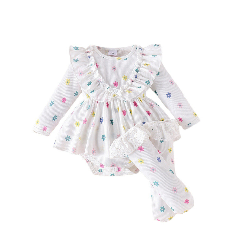 Amazon Jesenska i zimska suknja dugih rukava s printom cvijeća iz koštice za novorođenče s trakom za kosu, čipkaste čarape za djecu, hagown