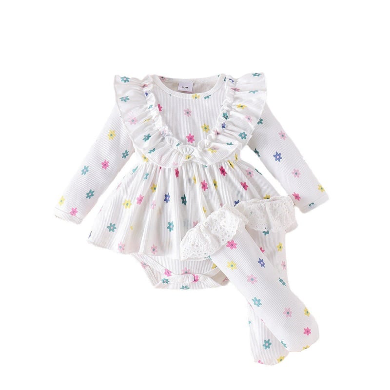 Amazon Jesenska i zimska suknja dugih rukava s printom cvijeća iz koštice za novorođenče s trakom za kosu, čipkaste čarape za djecu, hagown