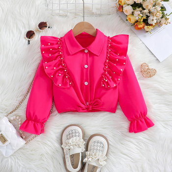 Tüdrukute piiriülene Euroopa ja Ameerika stiilis revääriga esirinnaga pidulik lühikeste pikkade varrukatega nabanööriga särk helmeste ja volangidega