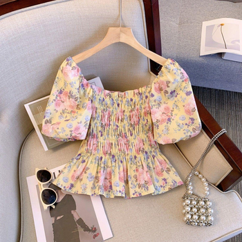 Dámske tričko s francúzskym výklenkom, nové, elegantné, s potlačou a odhalenými ramenami, sladké a pikantné, svieže, so sviežim pásom, zoštíhľujúce, univerzálne