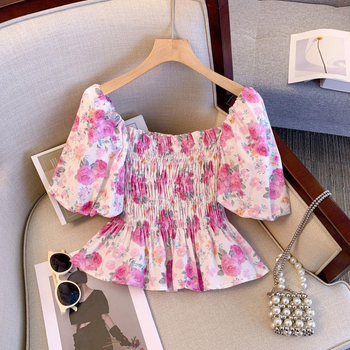 Френски нишов топ за жени, нов принтиран, елегантна риза с оголени рамене, сладка и пикантна свежа талия, за отслабване, универсална риза