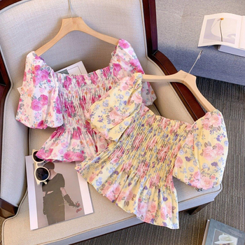 Френски нишов топ за жени, нов принтиран, елегантна риза с оголени рамене, сладка и пикантна свежа талия, за отслабване, универсална риза