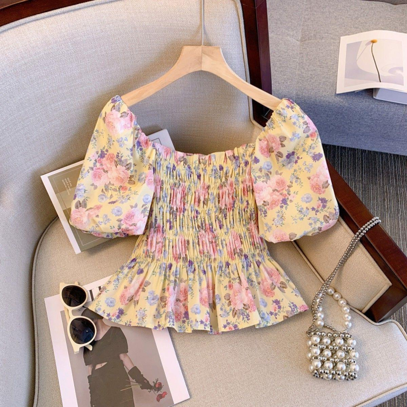 Dámske tričko s francúzskym výklenkom, nové, elegantné, s potlačou a odhalenými ramenami, sladké a pikantné, svieže, so sviežim pásom, zoštíhľujúce, univerzálne