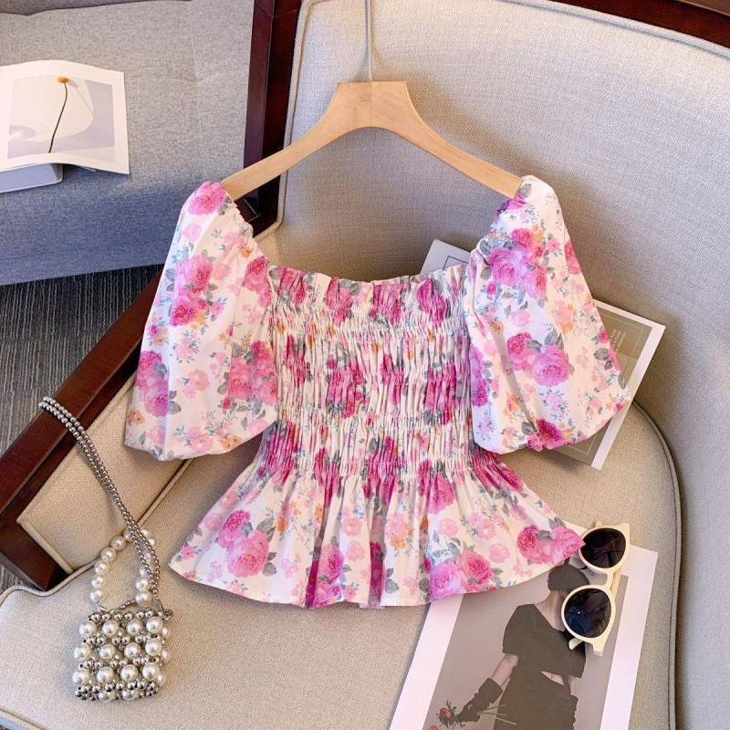 Dámske tričko s francúzskym výklenkom, nové, elegantné, s potlačou a odhalenými ramenami, sladké a pikantné, svieže, so sviežim pásom, zoštíhľujúce, univerzálne