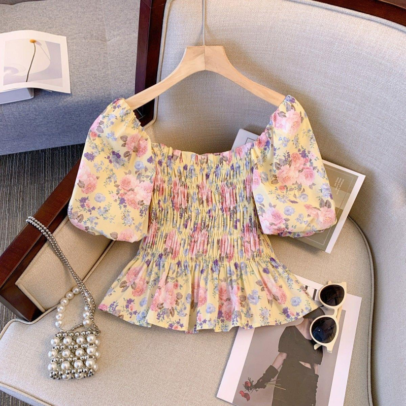 Dámske tričko s francúzskym výklenkom, nové, elegantné, s potlačou a odhalenými ramenami, sladké a pikantné, svieže, so sviežim pásom, zoštíhľujúce, univerzálne