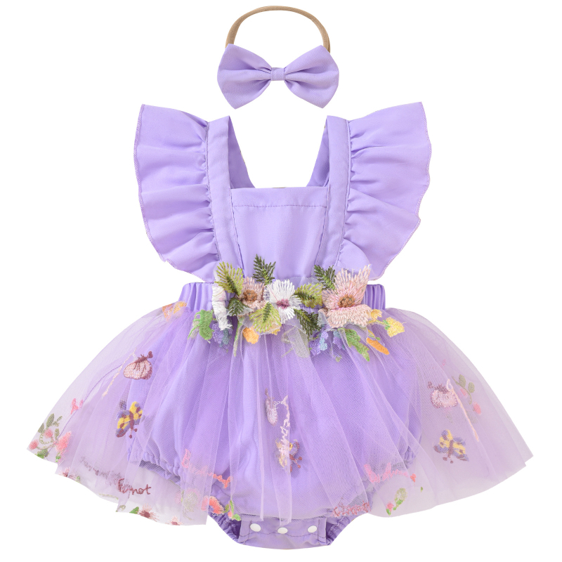 Rochie drăguță cu curea și cusături florale din plasă pentru bebeluși, set din două piese cu curea de păr