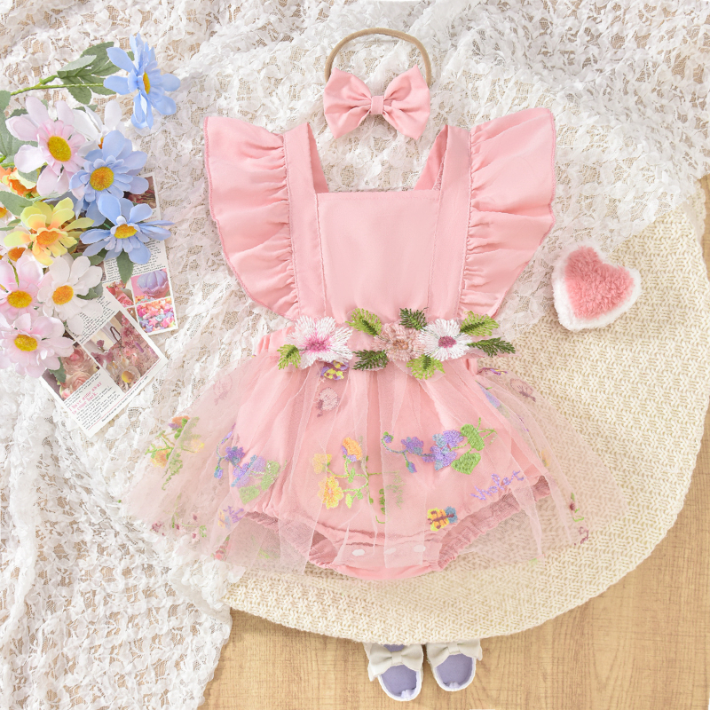 Preslatka mrežasta haljina s cvjetnim šavovima za djevojčice, set od dva dijela s remenčićima za kosu