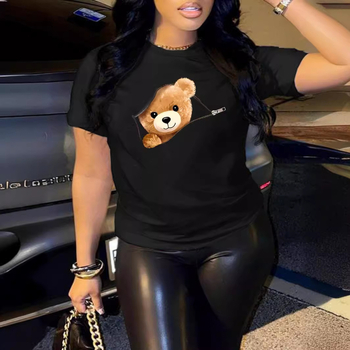 DM21 Amazon Eiropas un Amerikas sieviešu modes ikdienas plus izmēra sieviešu rakstains apdrukāts apaļš kakla izgriezums ar īsām piedurknēm, plus izmēra T-krekls