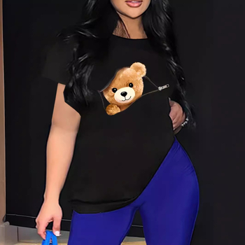 DM21 Amazon Eiropas un Amerikas sieviešu modes ikdienas plus izmēra sieviešu rakstains apdrukāts apaļš kakla izgriezums ar īsām piedurknēm, plus izmēra T-krekls