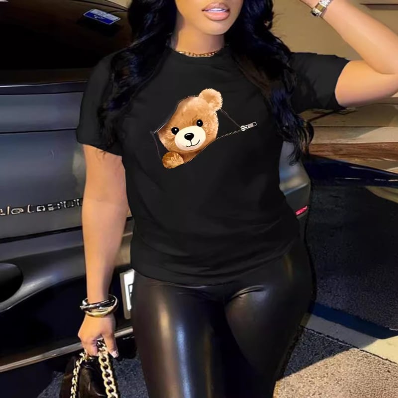 DM21 Amazon Tricou pentru femei europene și americane, casual, mărime plus, cu imprimeu, guler rotund, mânecă scurtă, mărime plus