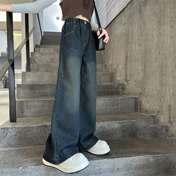 Tüdrukute püksid 2025. aasta uued kevad- ja sügispüksid, stiilsed laste pikad püksid vanematele tüdrukutele, lahtised kevadised teksariidest laiad püksid