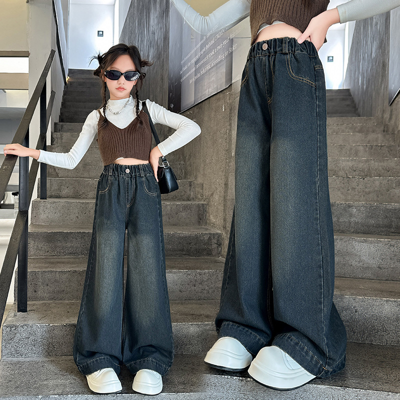 Pantaloni pentru fete 2025, pantaloni lungi eleganți pentru copii, de primăvară și toamnă, pentru fete mai mari, pantaloni largi din denim de primăvară, cu picior larg
