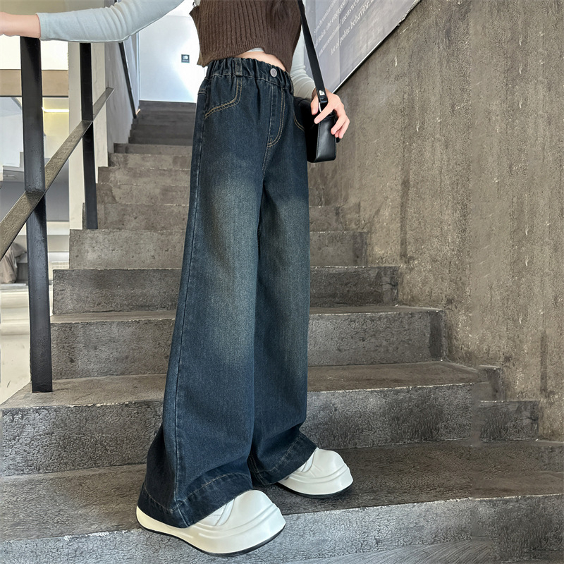 Tüdrukute püksid 2025. aasta uued kevad- ja sügispüksid, stiilsed laste pikad püksid vanematele tüdrukutele, lahtised kevadised teksariidest laiad püksid