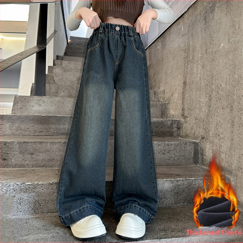 Tüdrukute püksid 2025. aasta uued kevad- ja sügispüksid, stiilsed laste pikad püksid vanematele tüdrukutele, lahtised kevadised teksariidest laiad püksid