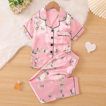 Vaikiškas šilkinis kostiumas trumpomis rankovėmis namams Šilko dažų pižama Megztinis su atvartu Gėlėtas kostiumas su oro kondicionieriumi vasarai