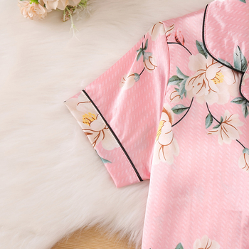 Vaikiškas šilkinis kostiumas trumpomis rankovėmis namams Šilko dažų pižama Megztinis su atvartu Gėlėtas kostiumas su oro kondicionieriumi vasarai
