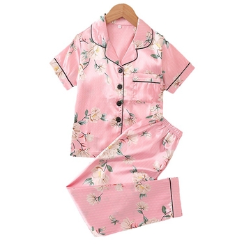 Vaikiškas šilkinis kostiumas trumpomis rankovėmis namams Šilko dažų pižama Megztinis su atvartu Gėlėtas kostiumas su oro kondicionieriumi vasarai