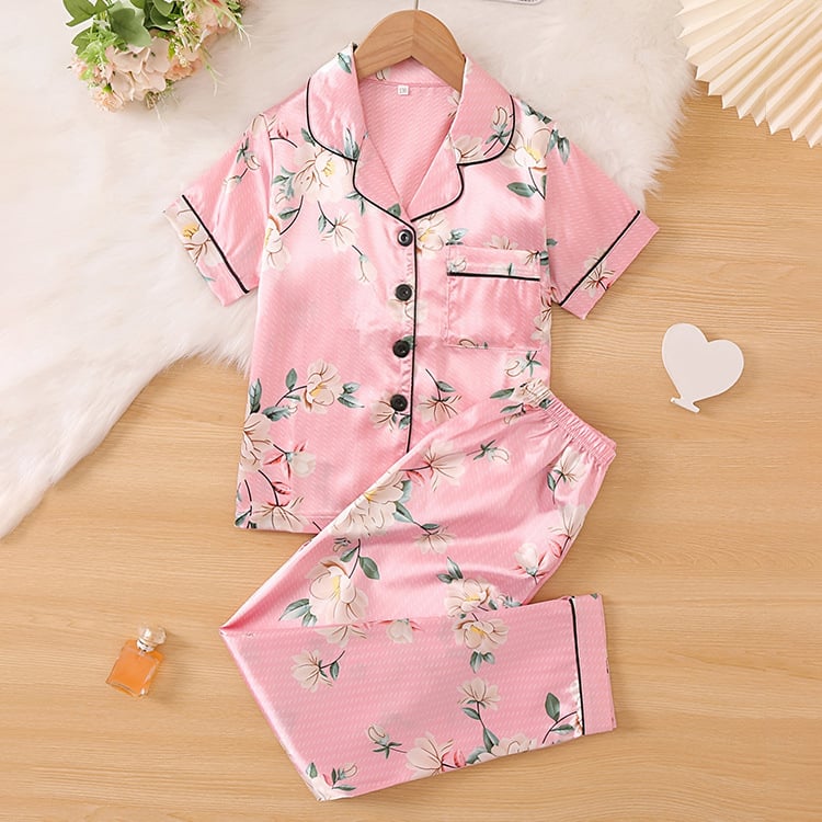 Costum de mătase de gheață pentru copii, haine de casă cu mânecă scurtă, pijamale vopsite în mătase, cardigan, rever floral, costum de aer condiționat pentru vară