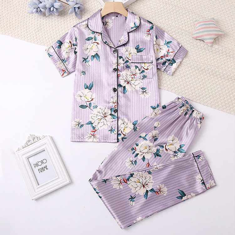 Vaikiškas šilkinis kostiumas trumpomis rankovėmis namams Šilko dažų pižama Megztinis su atvartu Gėlėtas kostiumas su oro kondicionieriumi vasarai