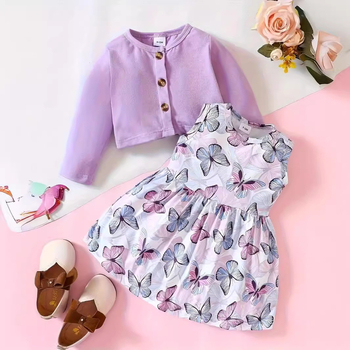 Tarptautinė INS mergaičių pavasario ir rudens berankovis drugelių rašto suknelė su ilgomis rankovėmis ir madingas paltas