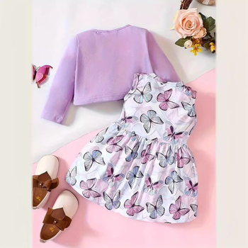 Tarptautinė INS mergaičių pavasario ir rudens berankovis drugelių rašto suknelė su ilgomis rankovėmis ir madingas paltas