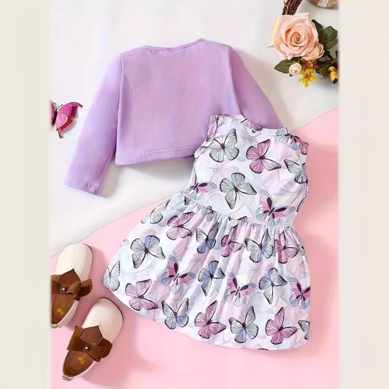 Tarptautinė INS mergaičių pavasario ir rudens berankovis drugelių rašto suknelė su ilgomis rankovėmis ir madingas paltas