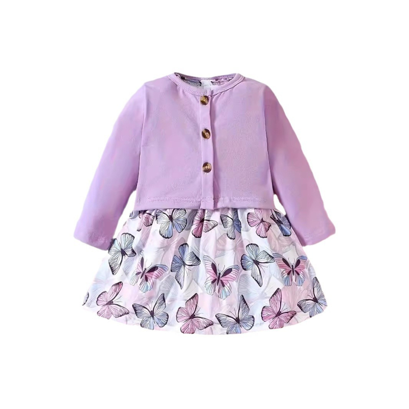 Tarptautinė INS mergaičių pavasario ir rudens berankovis drugelių rašto suknelė su ilgomis rankovėmis ir madingas paltas