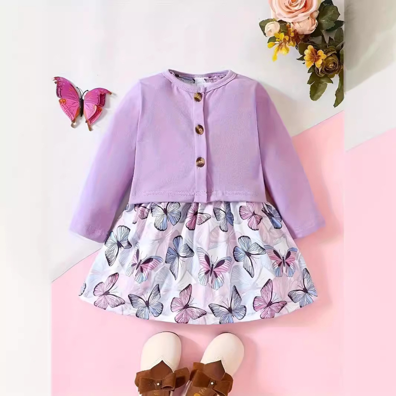 Tarptautinė INS mergaičių pavasario ir rudens berankovis drugelių rašto suknelė su ilgomis rankovėmis ir madingas paltas