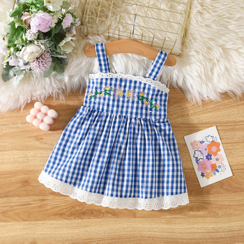 Φόρεμα Sling με κέντημα λουλουδιών και καρό από καλοκαιρινό φόρεμα για κορίτσια