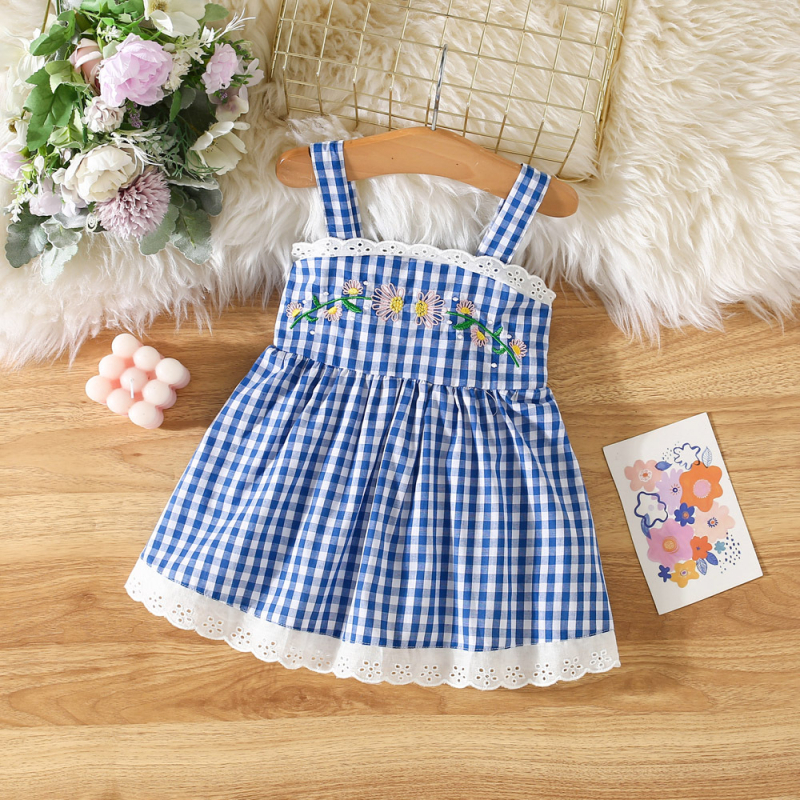 Letné nové dievčenské kockované vyšívané kvetinové čipkované šaty cez ramienka