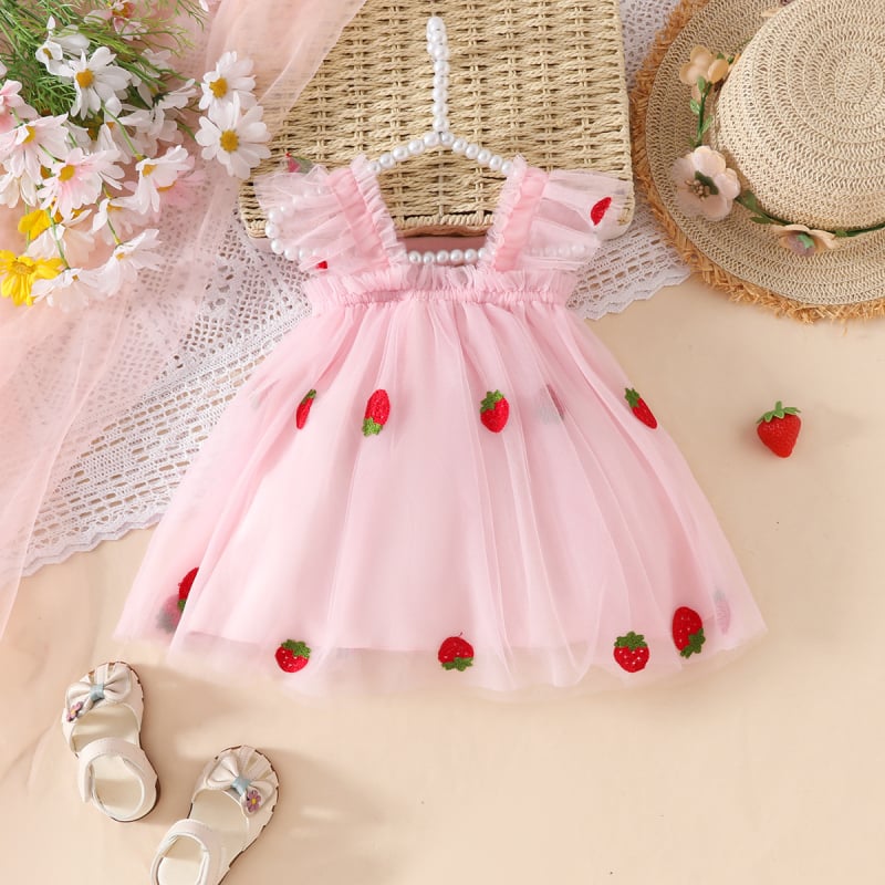 Nová sieťovaná sukňa s ovocnou výšivkou, bezramienková sukňa s princeznovskou sieťovanou nafúknutou sukňou, detské šaty cez rameno, sviatočné šaty