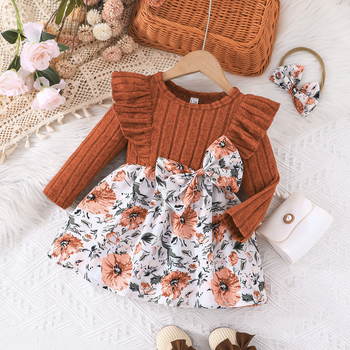 Νέο μοντέρνο φόρεμα για μωρά κορίτσια για την άνοιξη και το φθινόπωρο του 2025 με μεγάλες ρίγες, μικρό φλοράλ μοτίβο, στρογγυλή λαιμόκοψη, μακριά μανίκια και μαντήλι με φιόγκο στο κεφάλι