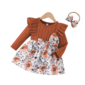 Νέο μοντέρνο φόρεμα για μωρά κορίτσια για την άνοιξη και το φθινόπωρο του 2025 με μεγάλες ρίγες, μικρό φλοράλ μοτίβο, στρογγυλή λαιμόκοψη, μακριά μανίκια και μαντήλι με φιόγκο στο κεφάλι