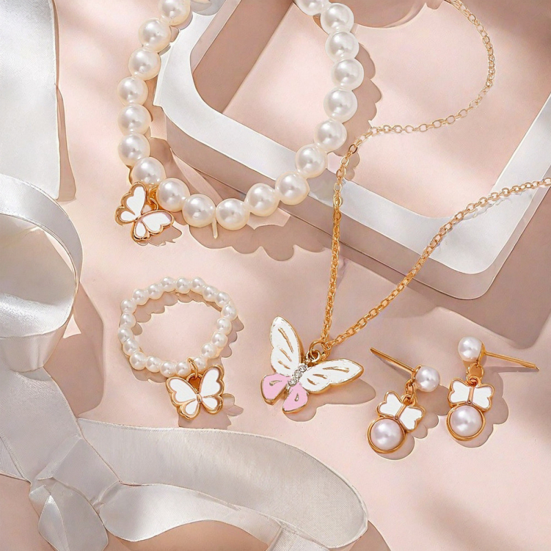 Piiriülene Euroopa ja Ameerika kuummüük armsate moeehtetega õli tilkuvate liblikatega kaelakee kõrvarõngad pärlite imitatsiooniga käevõru sõrmusülikond