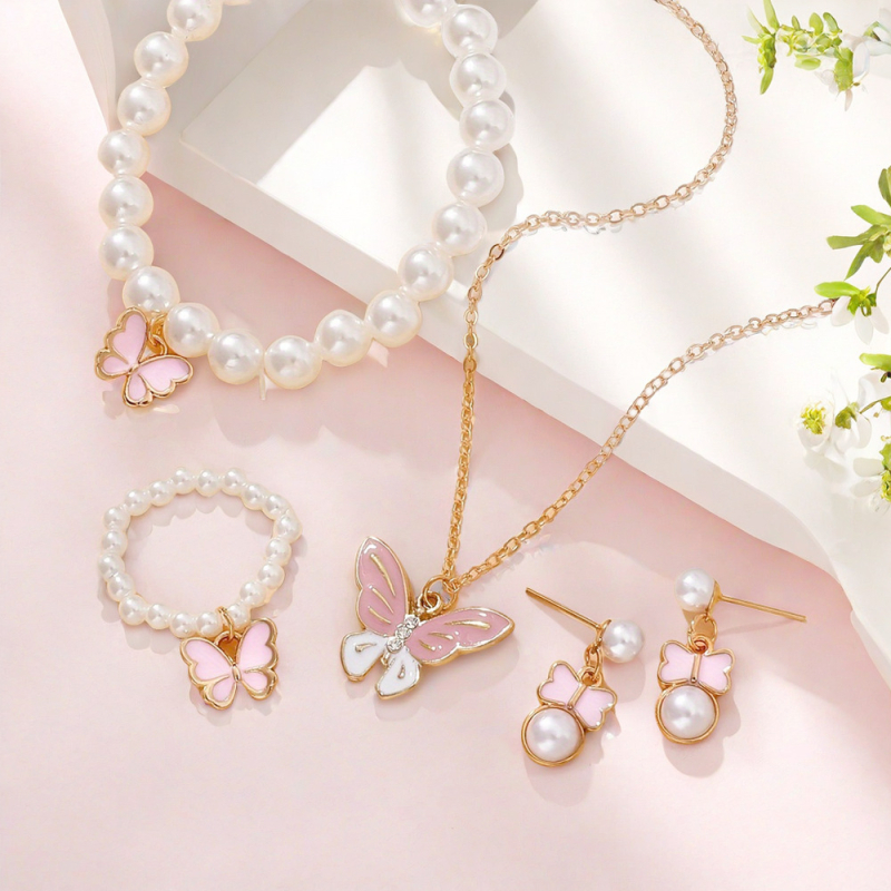 Piiriülene Euroopa ja Ameerika kuummüük armsate moeehtetega õli tilkuvate liblikatega kaelakee kõrvarõngad pärlite imitatsiooniga käevõru sõrmusülikond