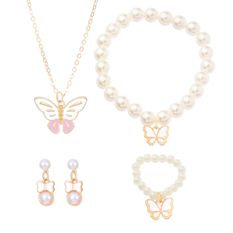 Piiriülene Euroopa ja Ameerika kuummüük armsate moeehtetega õli tilkuvate liblikatega kaelakee kõrvarõngad pärlite imitatsiooniga käevõru sõrmusülikond