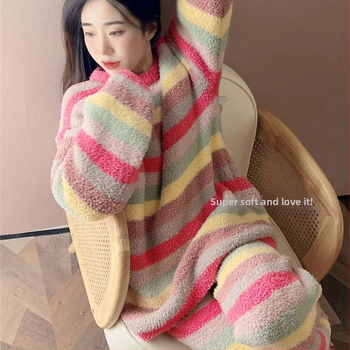 Ženska pidžama od pola baršuna, jesensko-zimska, mekana, dugih rukava, s dugim prugama, komplet kućne odjeće s dugim prugama, plus zadebljani baršun, novi stil 2024.