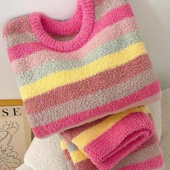 Γυναικεία πιτζάμα μισού βελούδου, φθινοπωρινά και χειμωνιάτικα, μαλακά, μακριά μανίκια, ουράνιο τόξο, ρίγες, σετ ρούχων για το σπίτι, με βελούδο και παχύρρευστο 2024, νέο στυλ