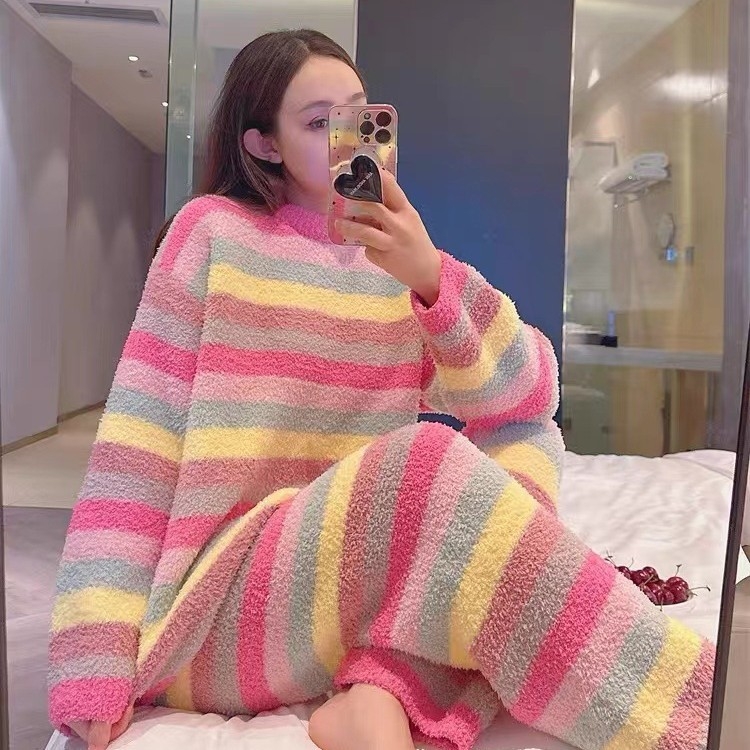 Ženska pidžama od pola baršuna, jesensko-zimska, mekana, dugih rukava, s dugim prugama, komplet kućne odjeće s dugim prugama, plus zadebljani baršun, novi stil 2024.