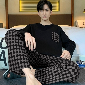 Meeste pidžaama kevad- ja sügisene puuvillane uus pikkade varrukatega lihtne noorte poiste Four Seasons koduriiete kaheosaline ülikond