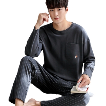 Meeste pidžaama kevad- ja sügisene puuvillane uus pikkade varrukatega lihtne noorte poiste Four Seasons koduriiete kaheosaline ülikond