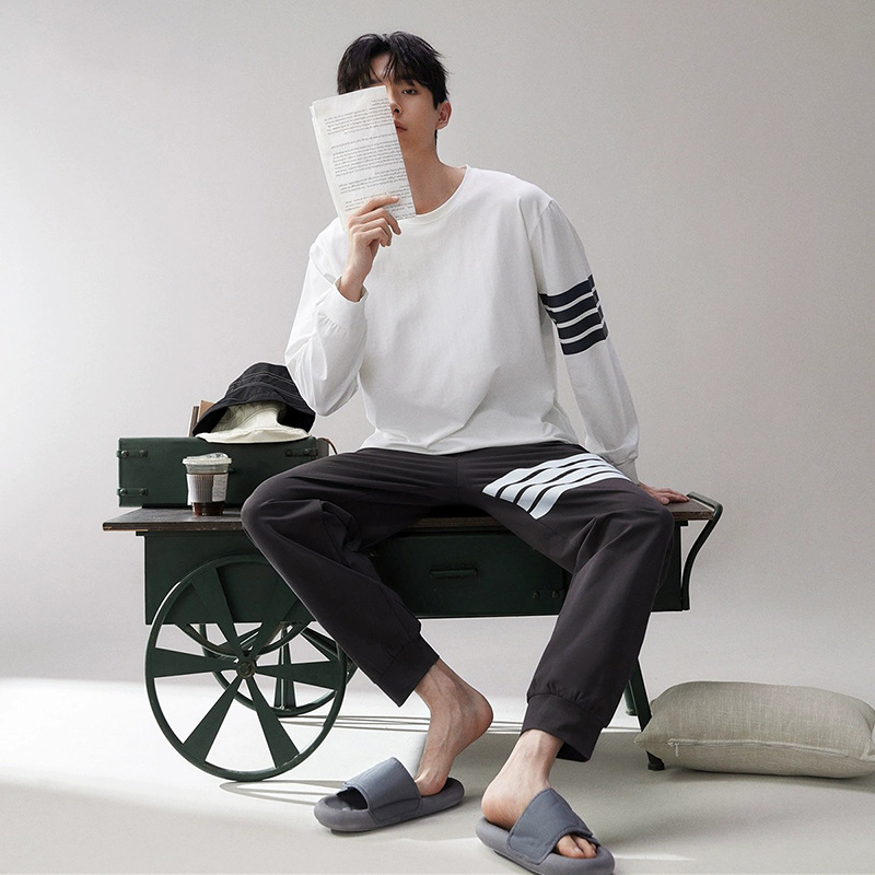 Meeste pidžaama kevad- ja sügisene puuvillane uus pikkade varrukatega lihtne noorte poiste Four Seasons koduriiete kaheosaline ülikond